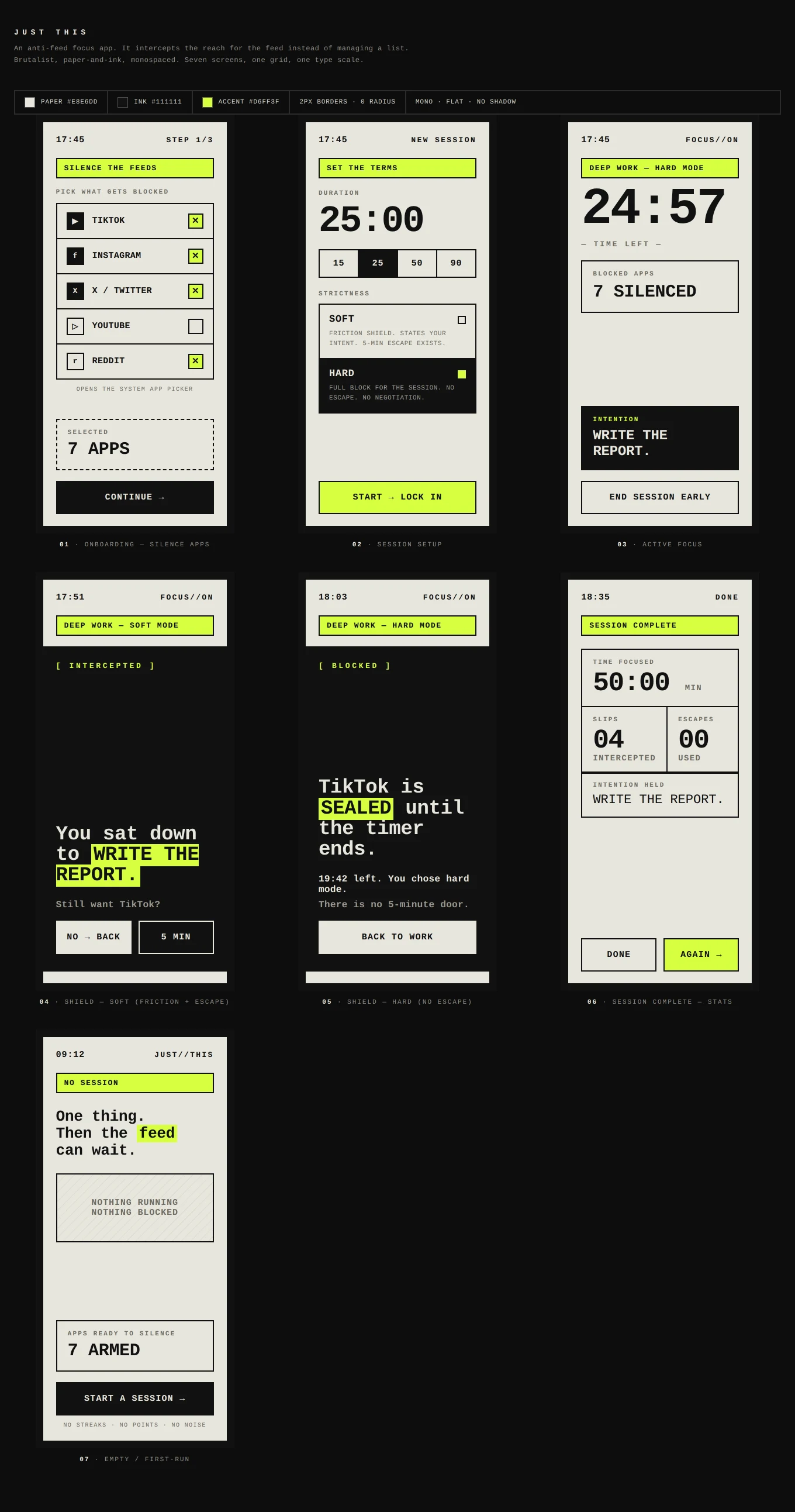 Just This onboarding, focus and interception screens